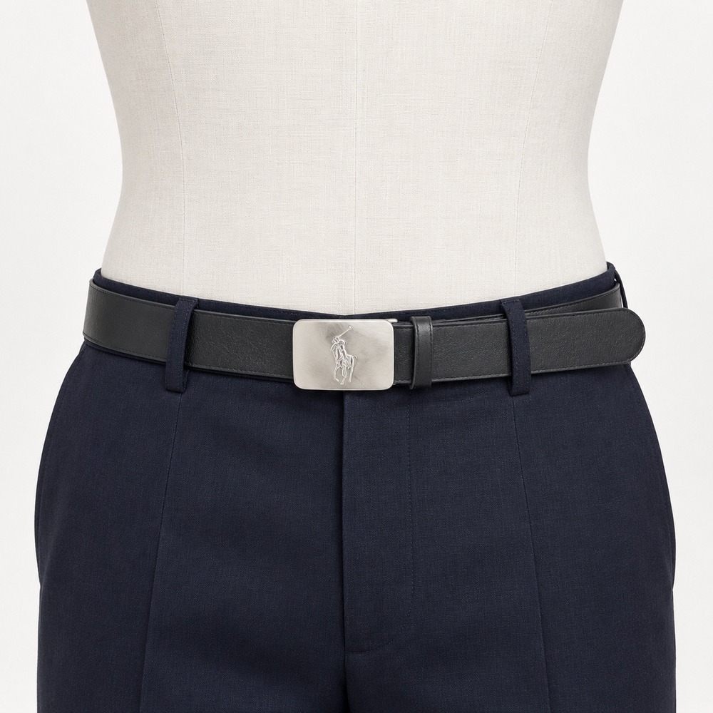 Polo Ralph Lauren Mens Size 32 Black Leather Belt Pony Plaque Buckle Preppy Ivy
